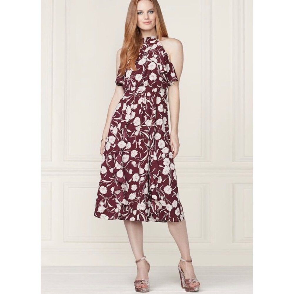 Lauren Conrad Women High Neck Off Shoulder Burgandy Floral Ruffle Dress Size 2